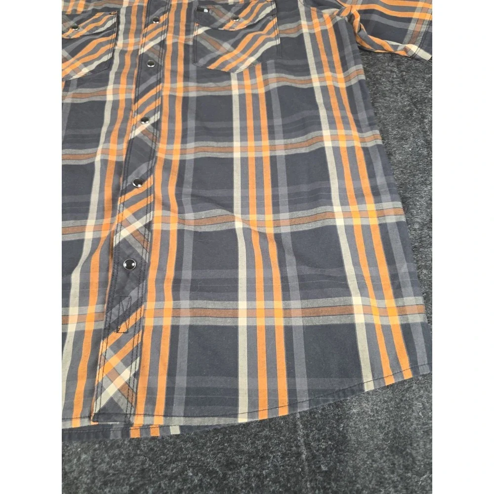 The North Face Pearl Snap Short Sleeve Button Up Black Gray Orange Plaid Shirt M